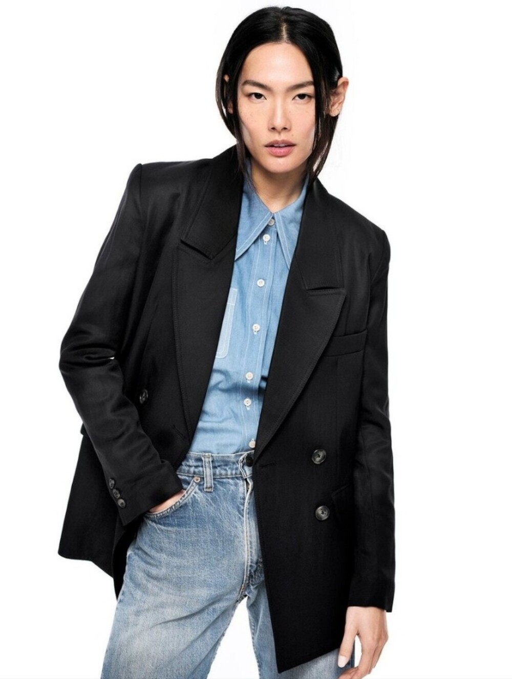 Smythe Black Oversized DB Linen Blazer with Gold Buttons